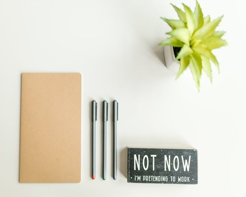 A neatly organized home office desk with a notebook, pen, and a plant